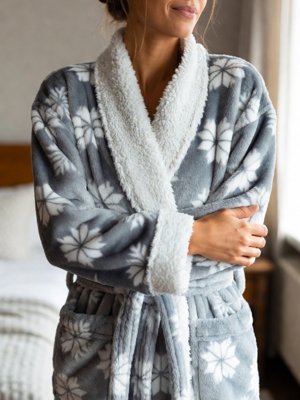 Cozy Plush Shawl Collar Robe in Gray Snowflake - Women
